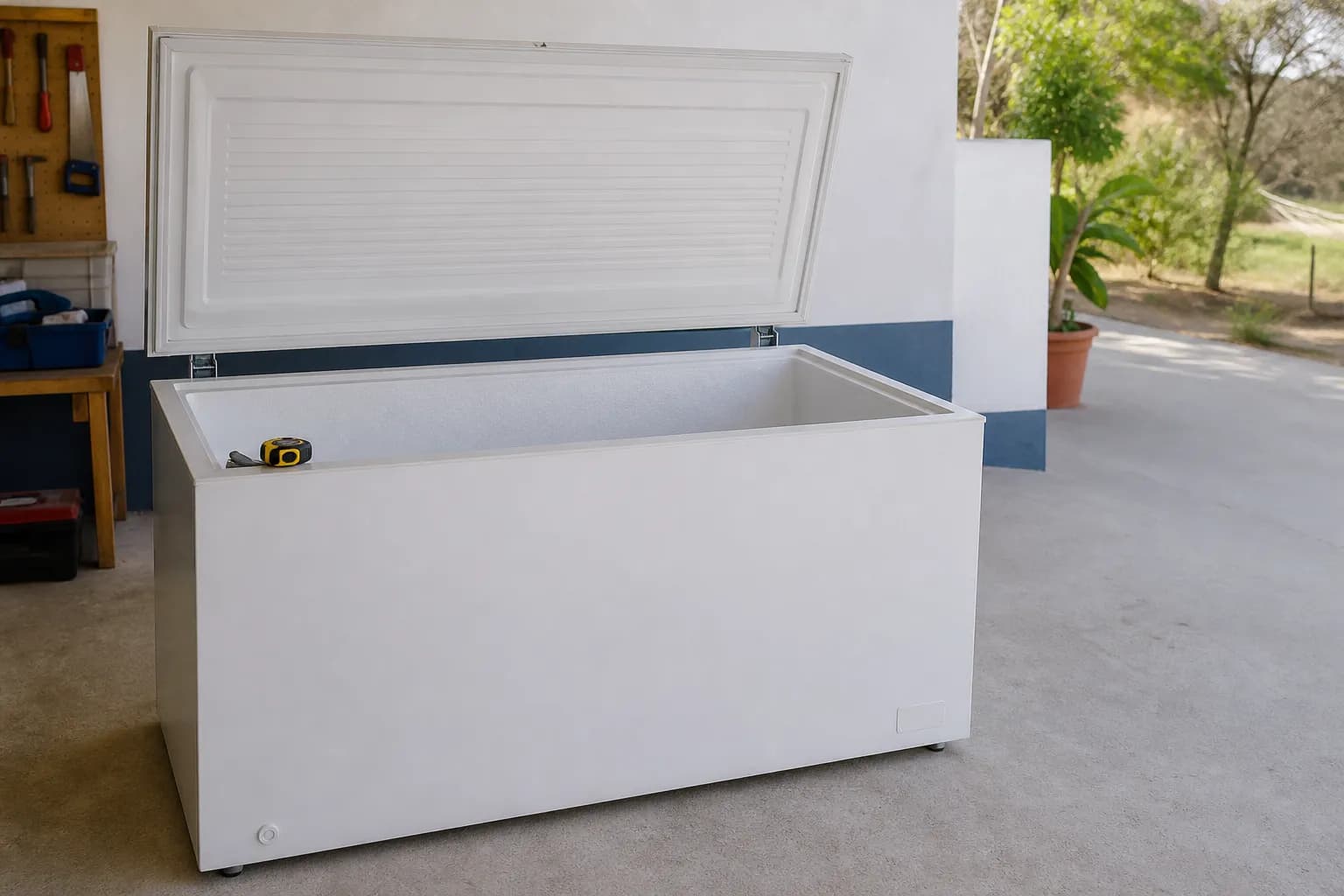 Arcón congelador abierto en una terraza cubierta, con la tapa levantada y una cinta métrica en el borde para comprobar el hueco interior