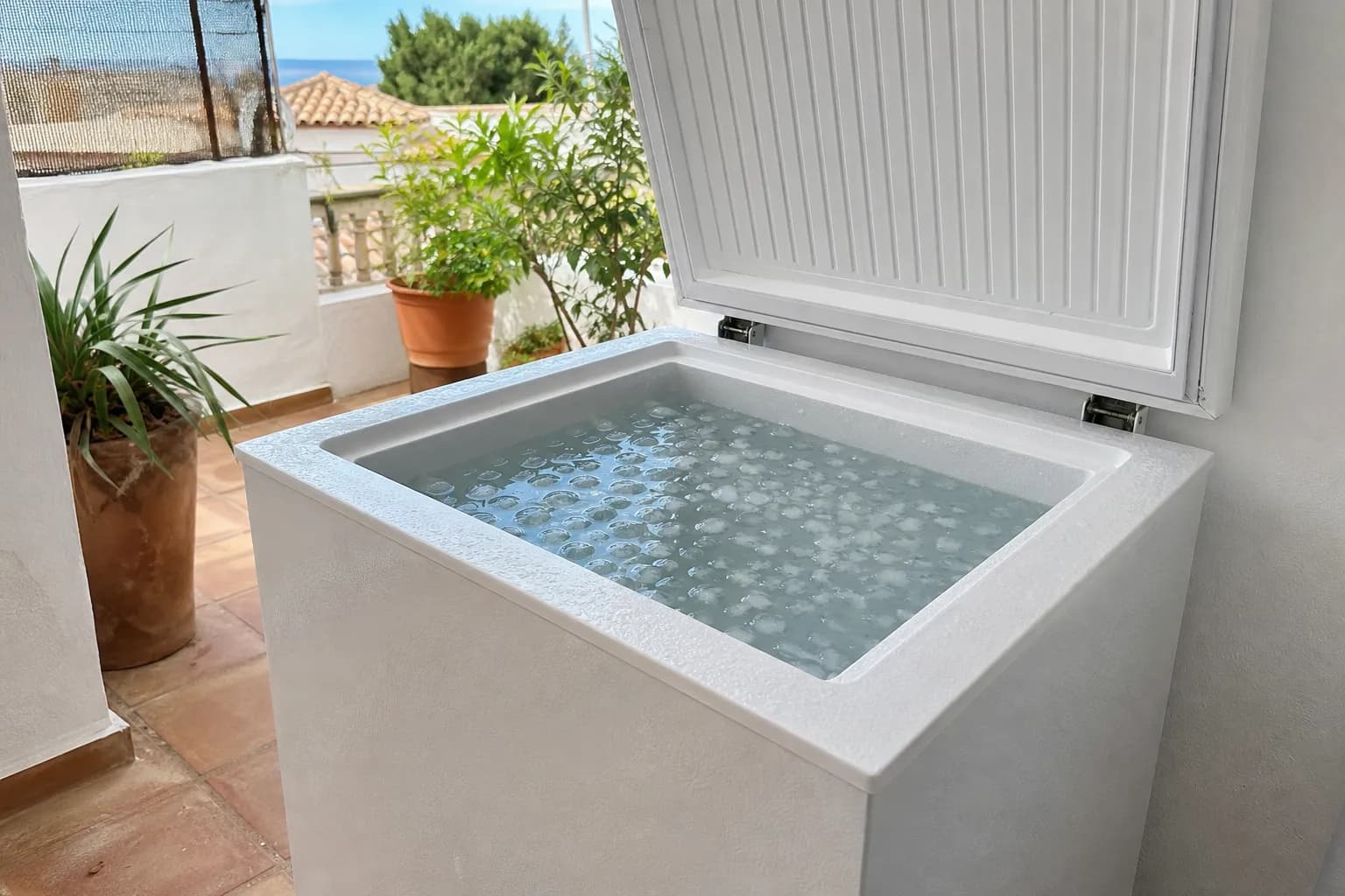 Arcón congelador convertido en baño de hielo, lleno de agua fría y cubitos de hielo en una terraza cubierta