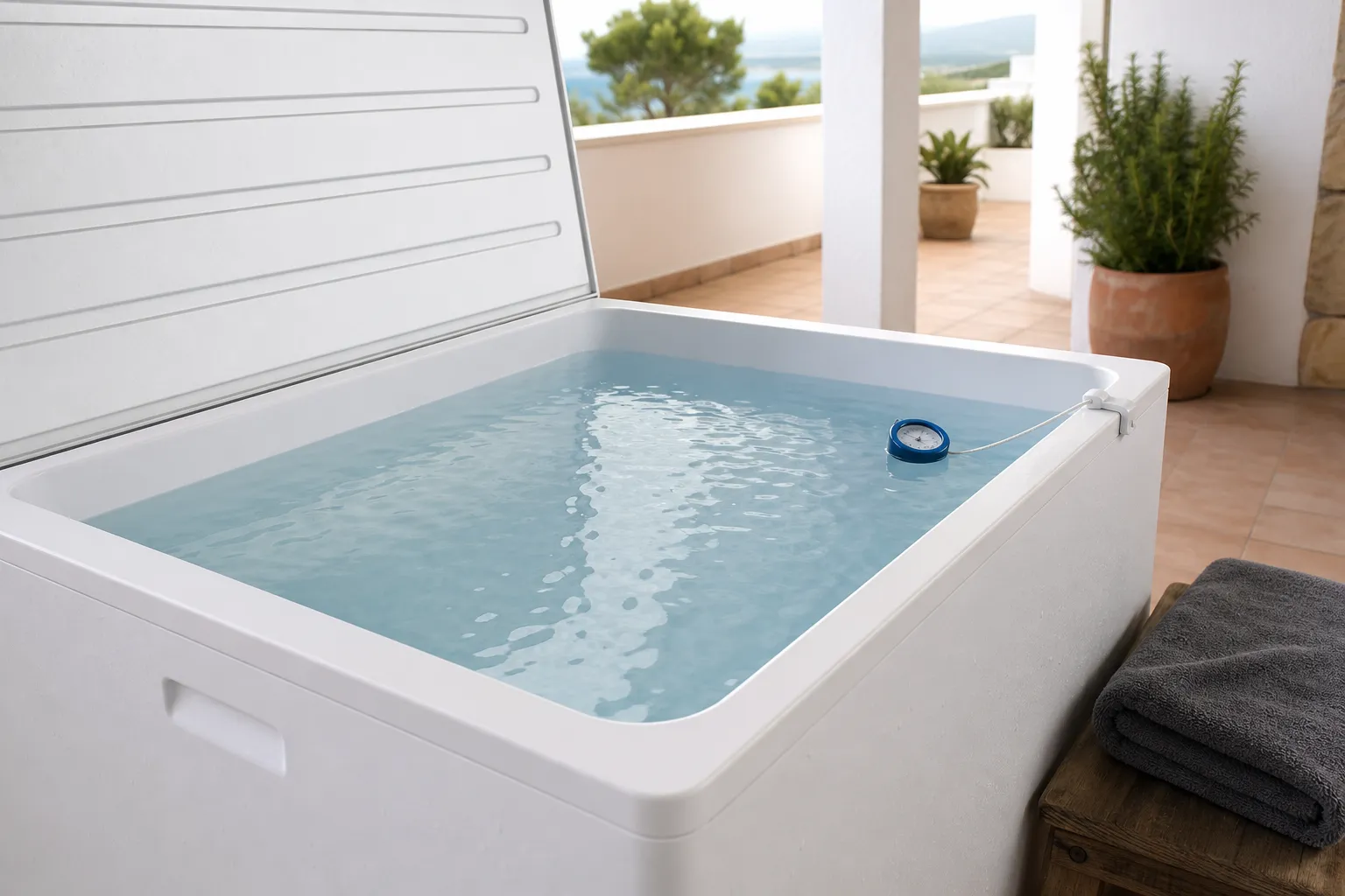 Baño de hielo doméstico con agua fría y un termómetro visible para controlar la temperatura
