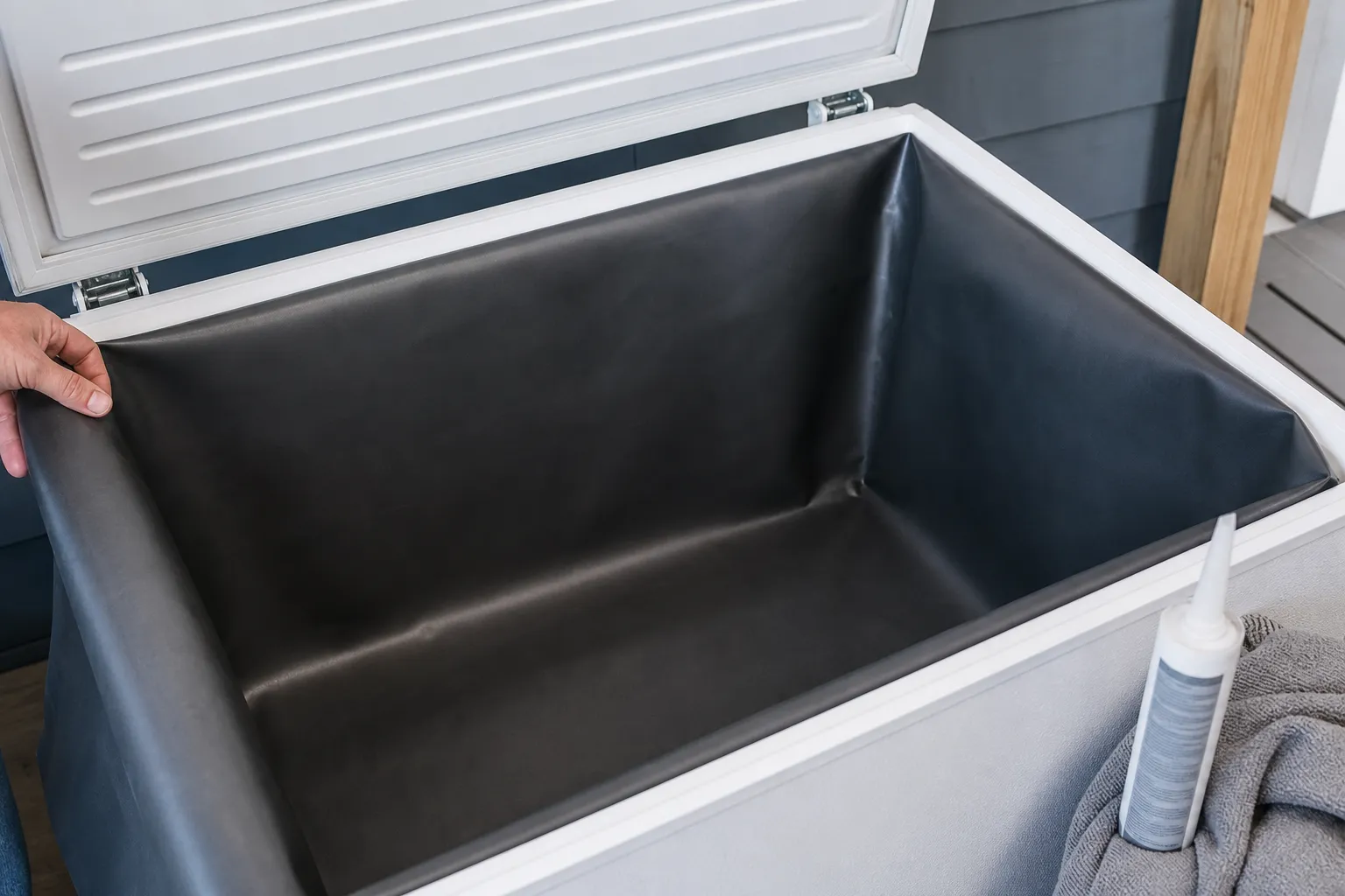 Interior de un arcón congelador forrado con una lámina impermeable oscura, colocada como liner para aislar el agua de la cuba