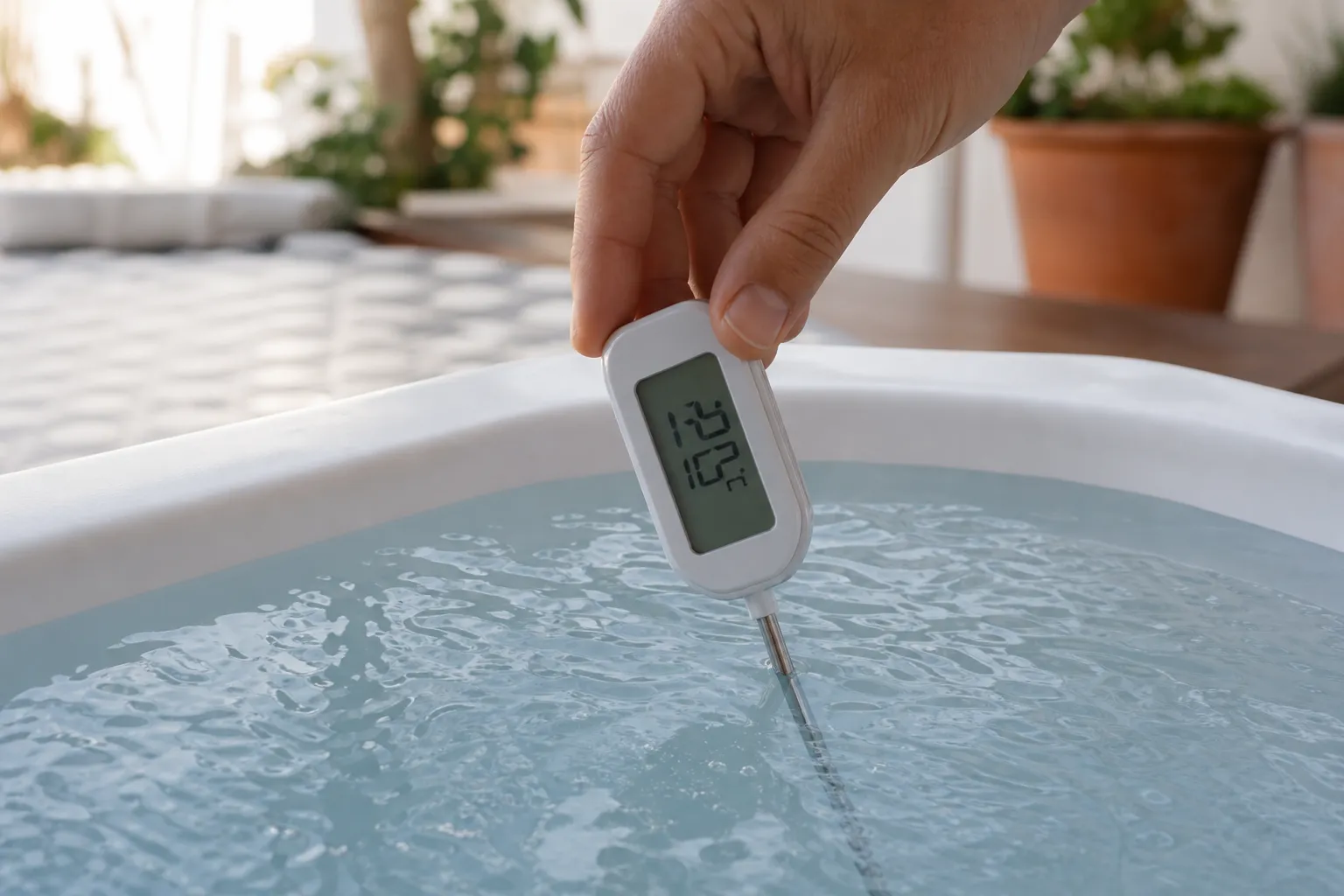 Termómetro digital midiendo el agua de un baño frío para comprobar la temperatura real antes de entrar