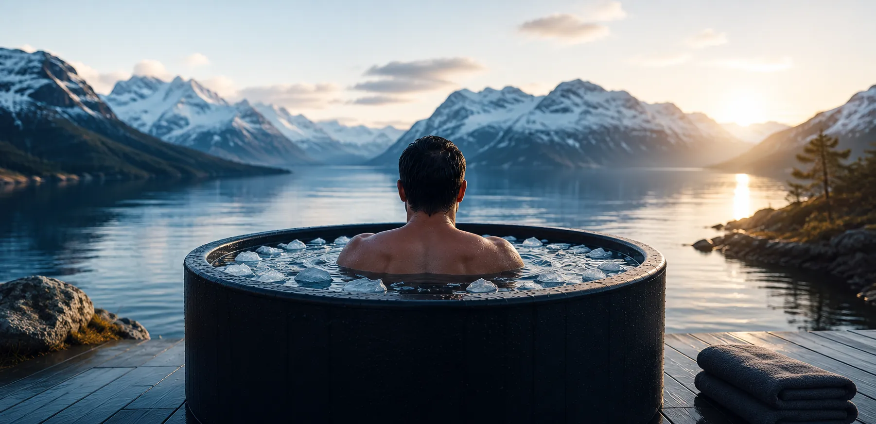 Persona en un baño de hielo frente a un fiordo con montañas nevadas al amanecer